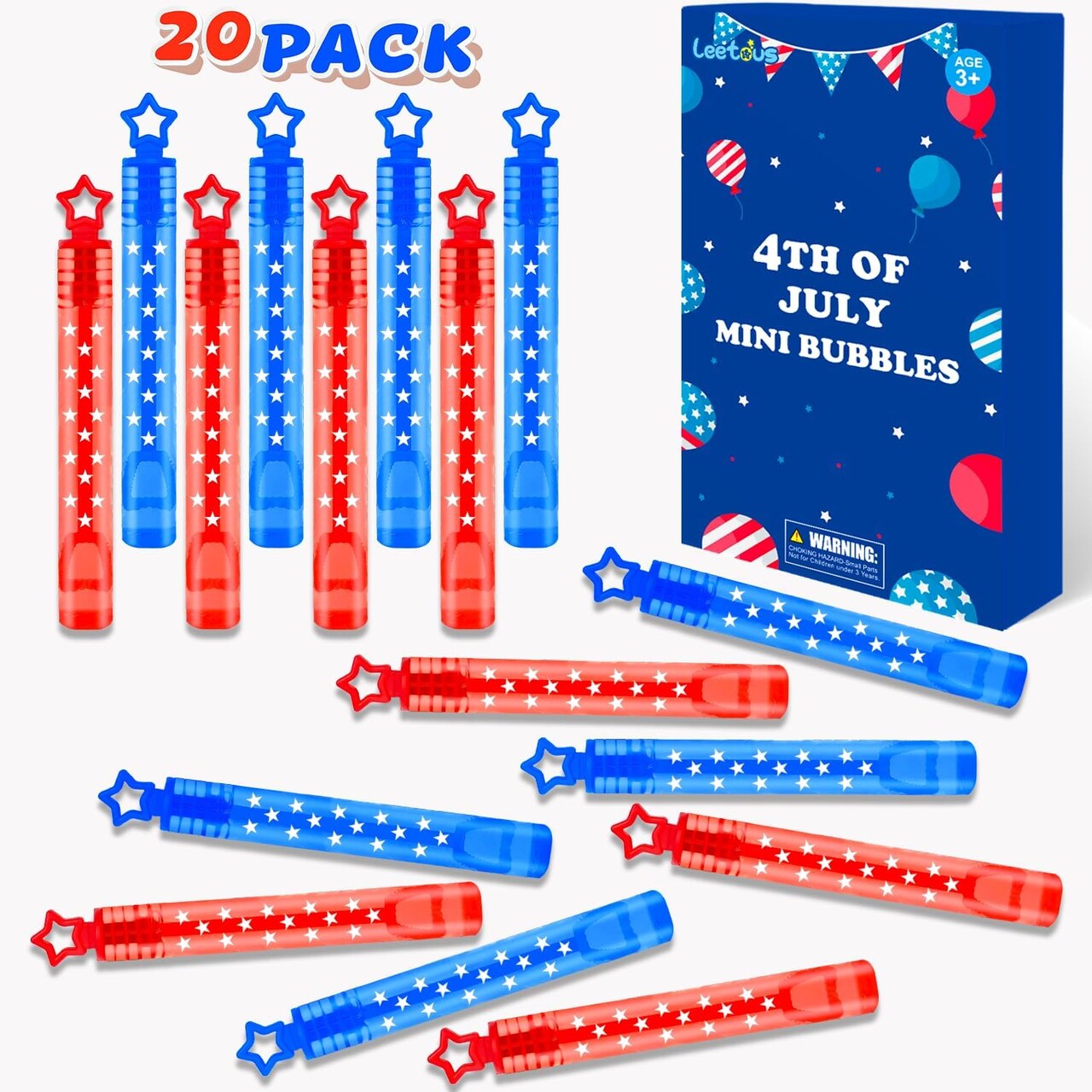 4th of July Bubbles Party Favors for Kids,20 Pack Fourth of July Red White Blue Mini Bubble